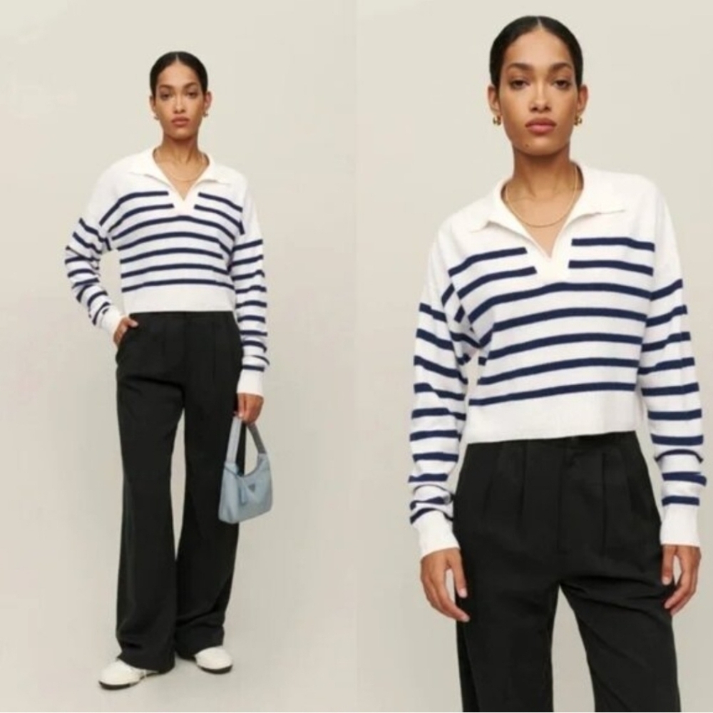 Reformation 100% Cashmere Striped Cropped Sweater XS Ivory Navy Polo Collar
